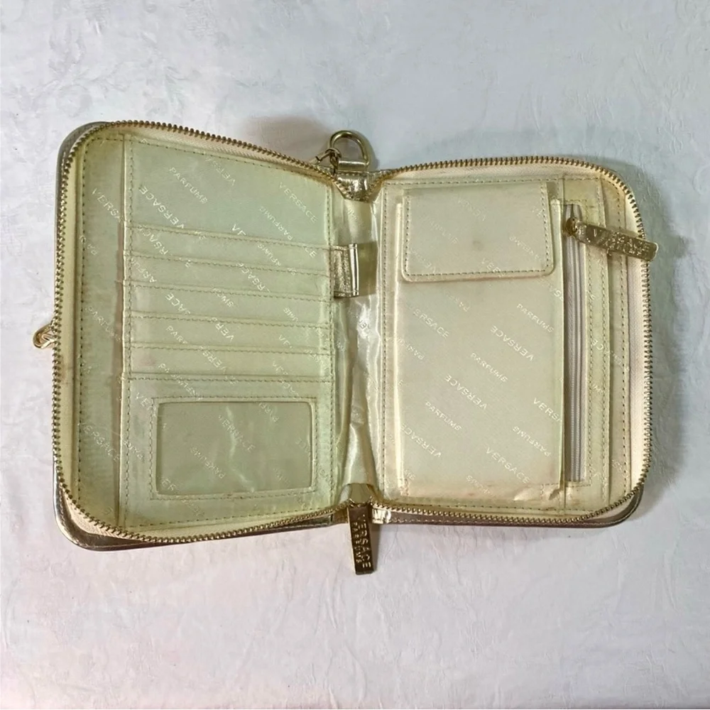 Versace Parfums Gold Metallic Zip-Around Wallet Clutch Wristlet Organiser wChain